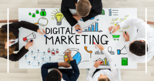 A festive-themed digital marketing concept with graphs and holiday decorations.