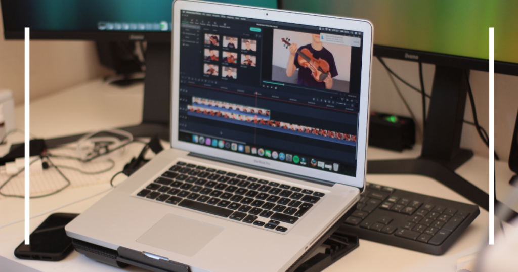 A professional video editor working on a YouTube video project with editing software.