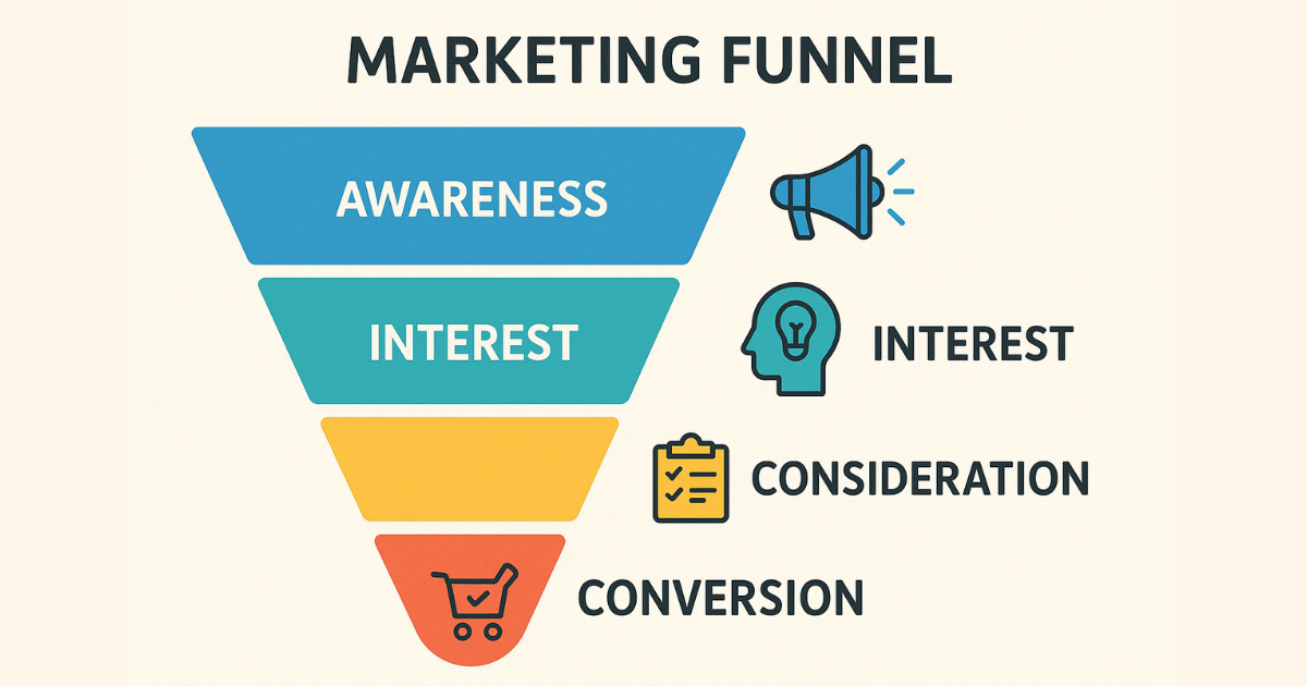 Diagram showing the stages of a marketing funnel with small business strategy icons