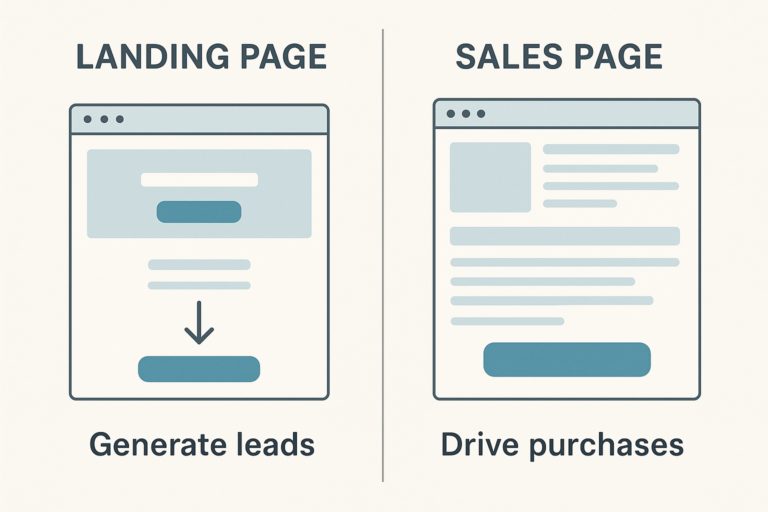 Visual comparison showing the difference between landing page and sales page in structure and purpose