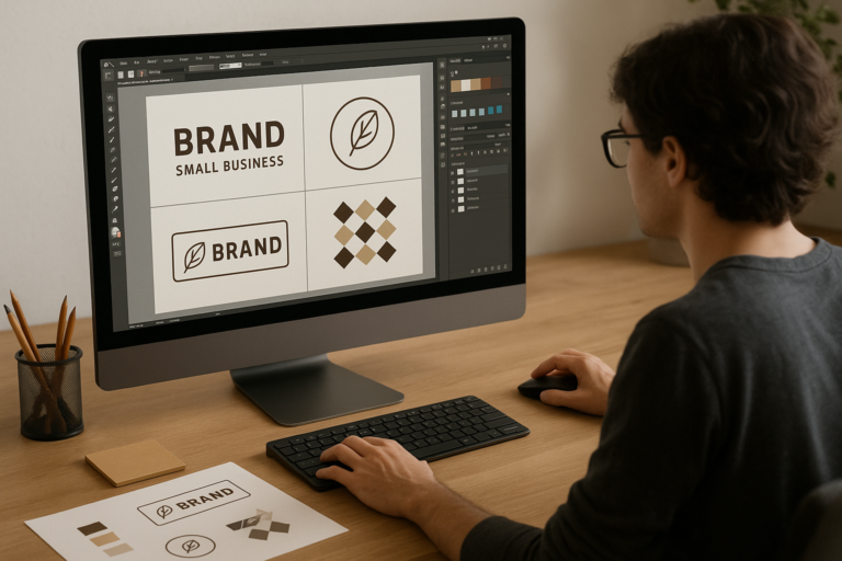 Graphic designer creating brand visuals on a computer for a small business