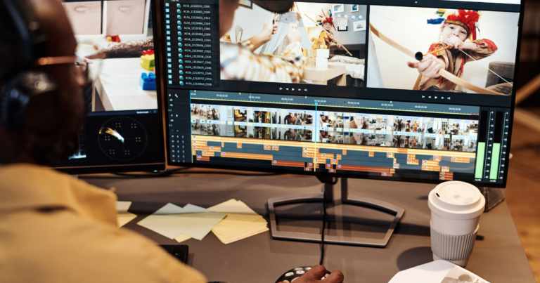 Entrepreneur using AI video editing software on a laptop in a home office