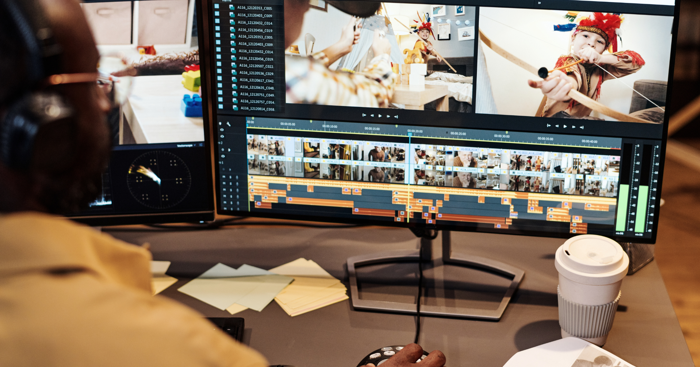 Entrepreneur using AI video editing software on a laptop in a home office