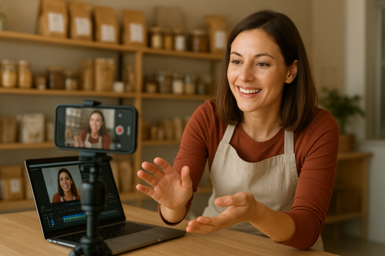 Small business owner creating an Instagram reel using a smartphone and editing tools