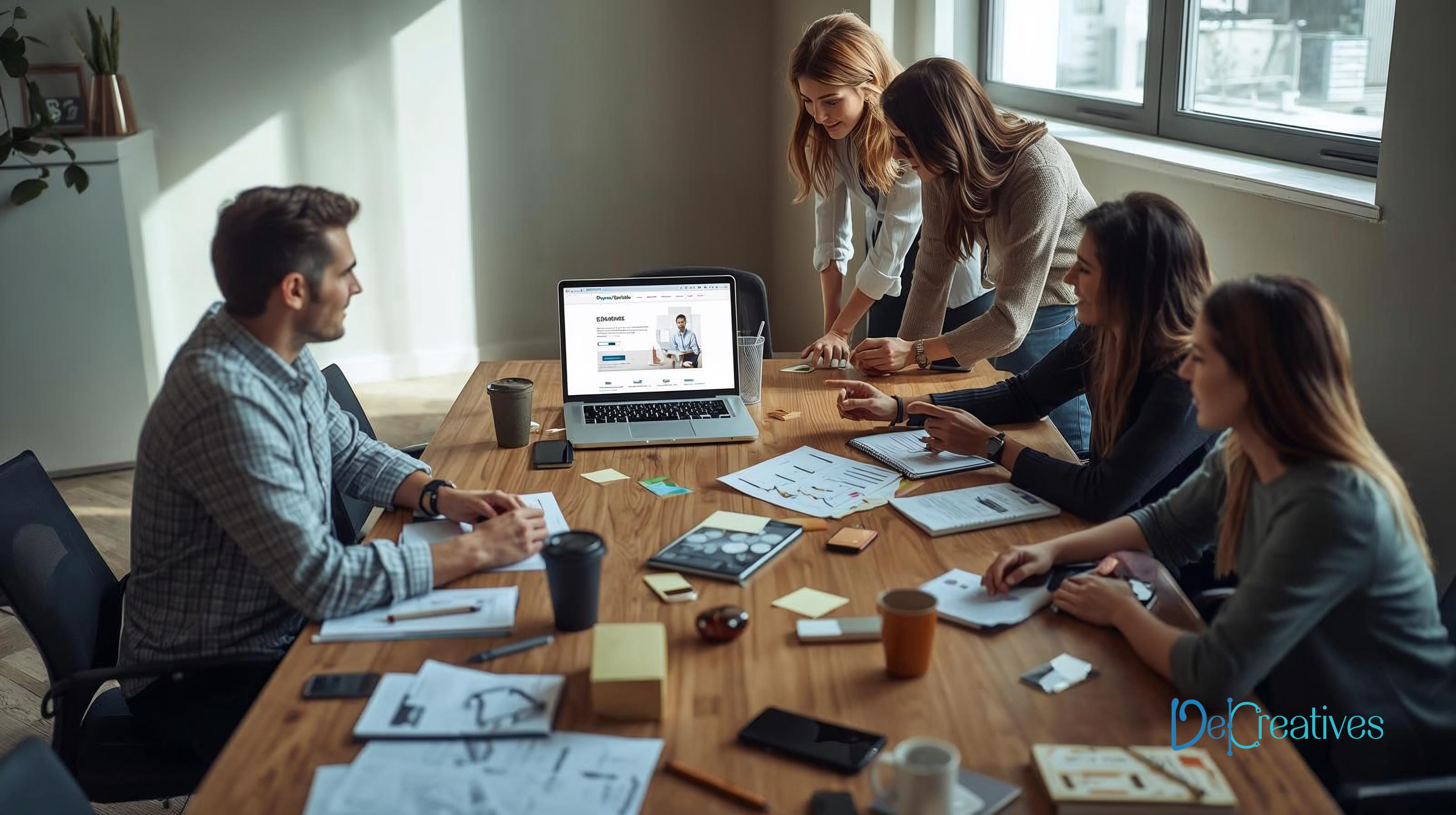 Illustration of a small business owner reviewing a website redesign with a creative team.