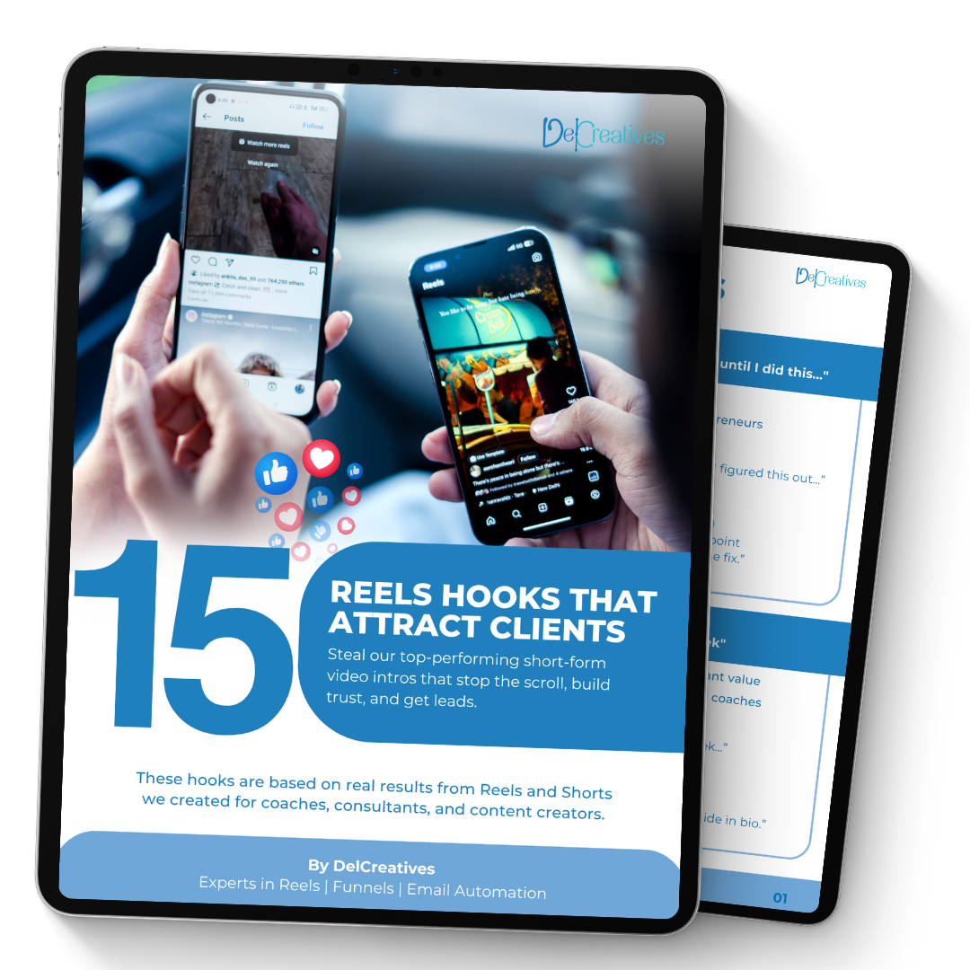 15 Reels Hooks That Attract Clients digital resource mockup with tablet and phone.