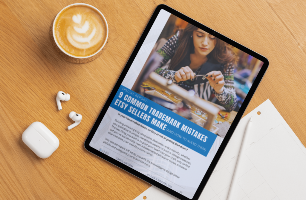 CANEI Law guide to 9 common trademark mistakes Etsy sellers make, open on a tablet