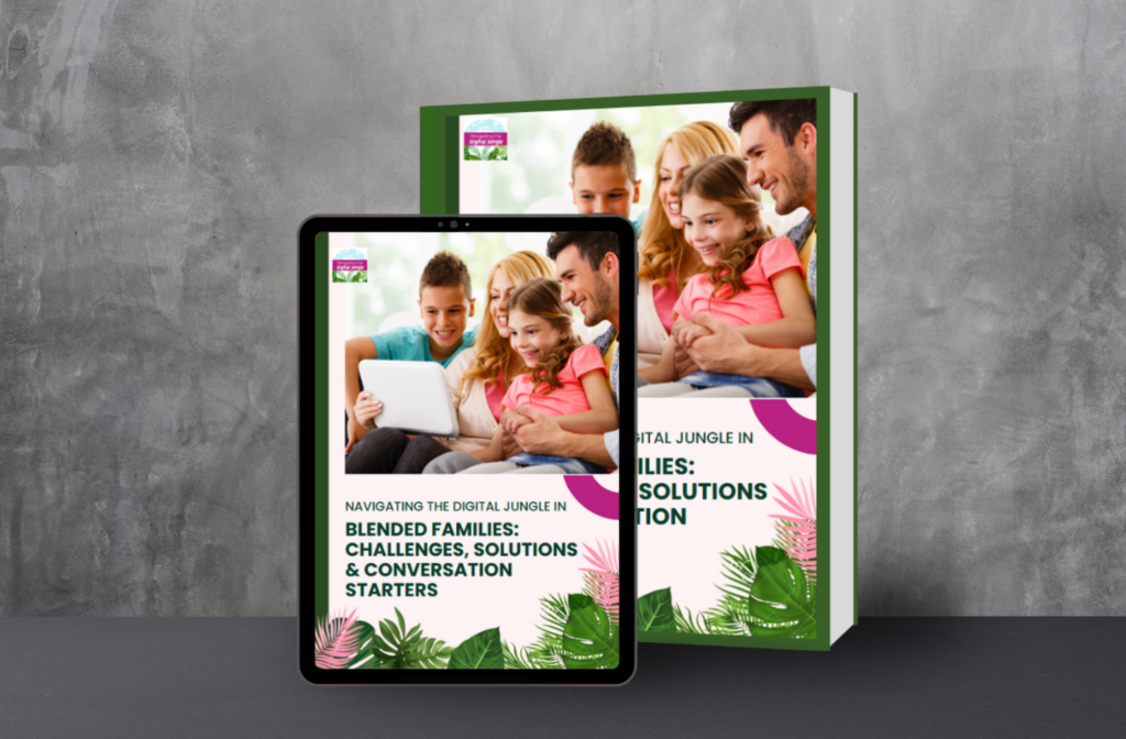 Navigating the Digital Jungle ebook on blended families by Sue Atkins, shown as a book and on a tablet
