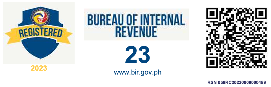 Official BIR Registration Seal Badge, registered 2023, with verification QR code (RSN 058RC20230000000489)