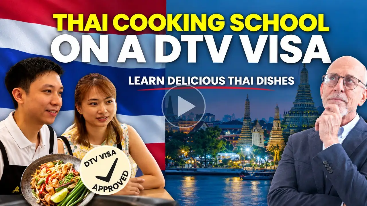 Thai cooking school on a DTV visa video thumbnail, with a play icon.