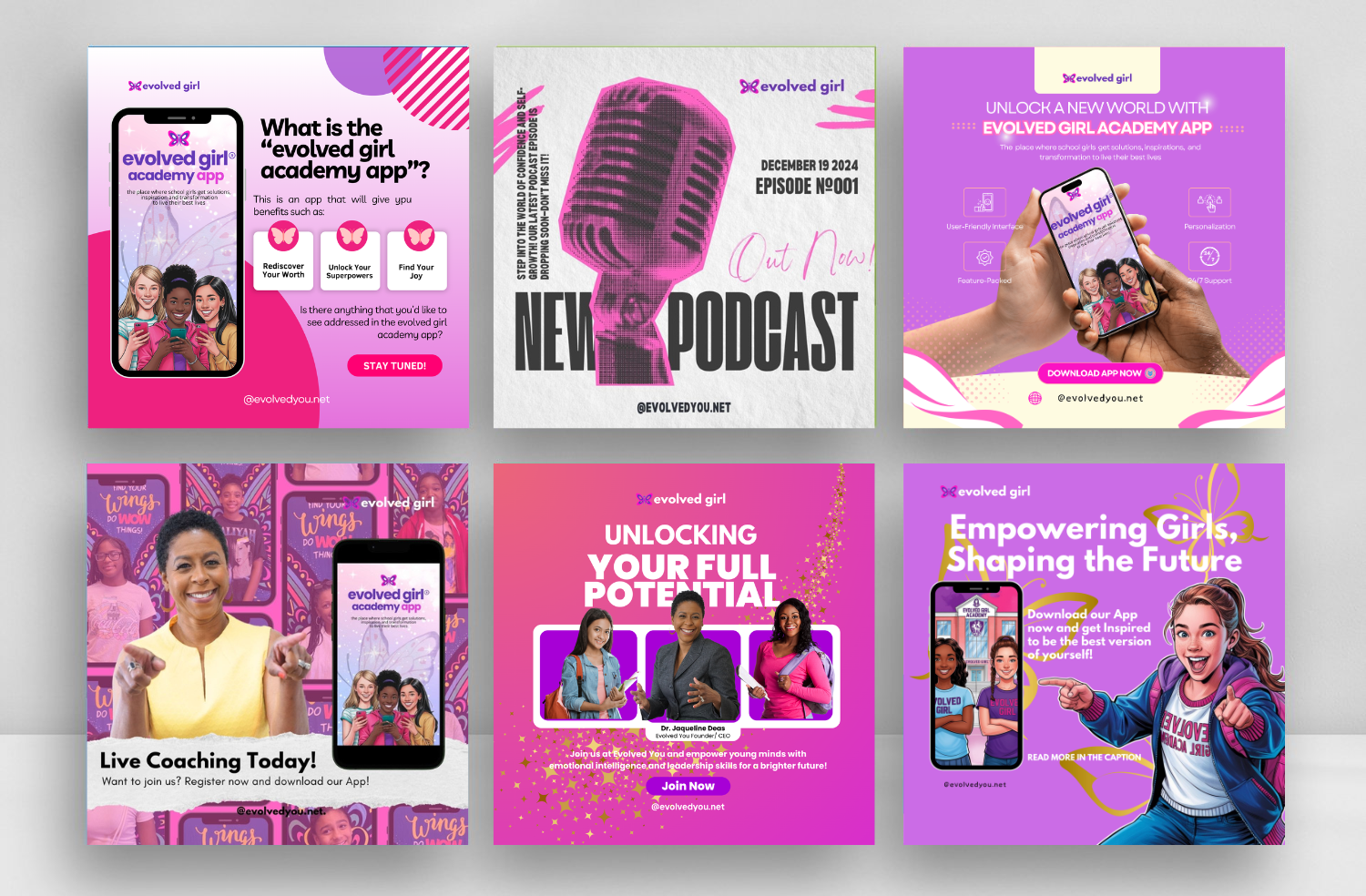 Evolved Girl and Evolved You campaign designs showing app promotions, podcast artwork and coaching content.