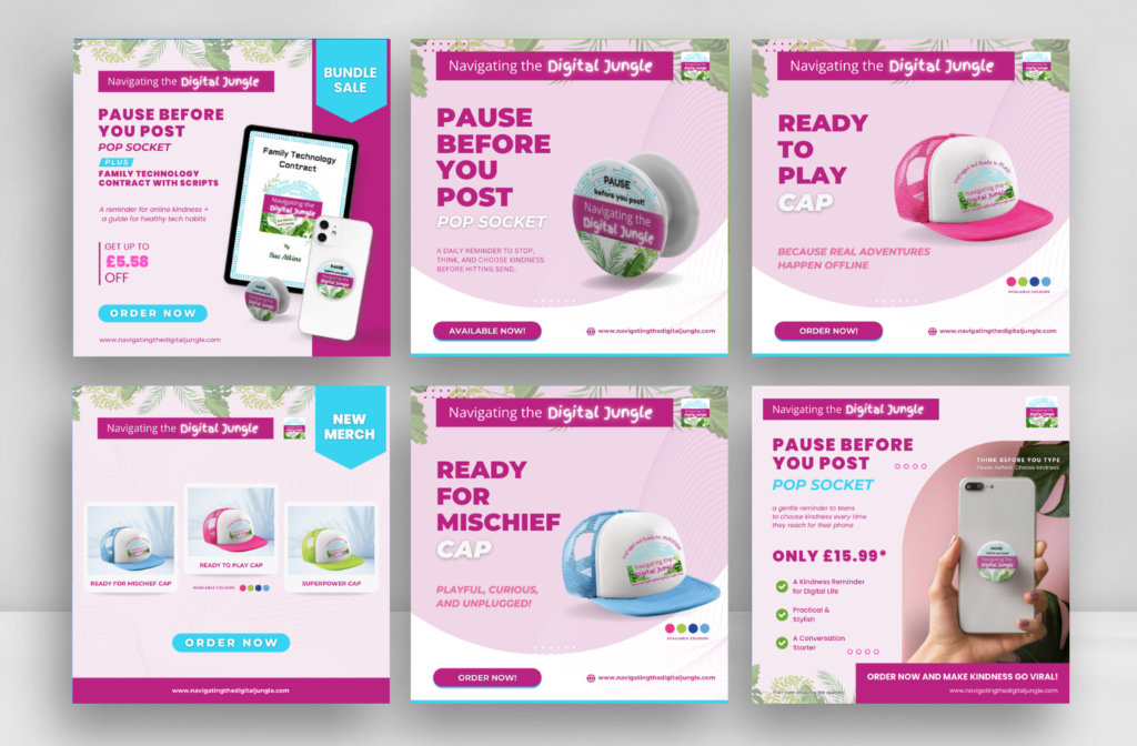 Navigating the Digital Jungle merchandise campaign posts for Sue Atkins