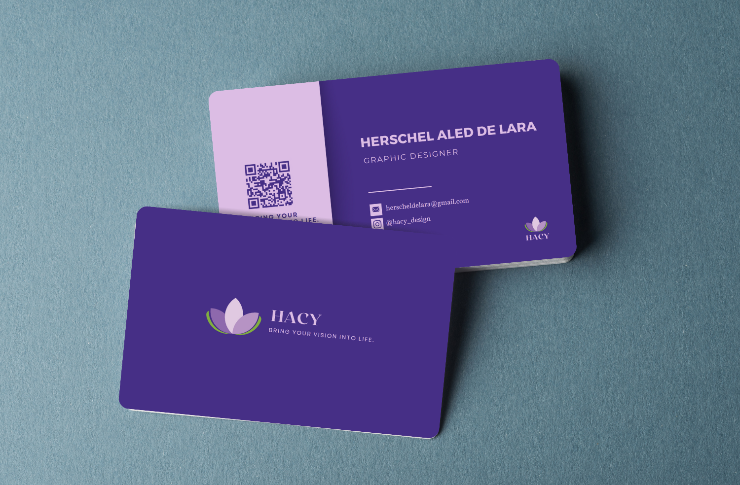 HACY brand identity and purple calling-card mockup.