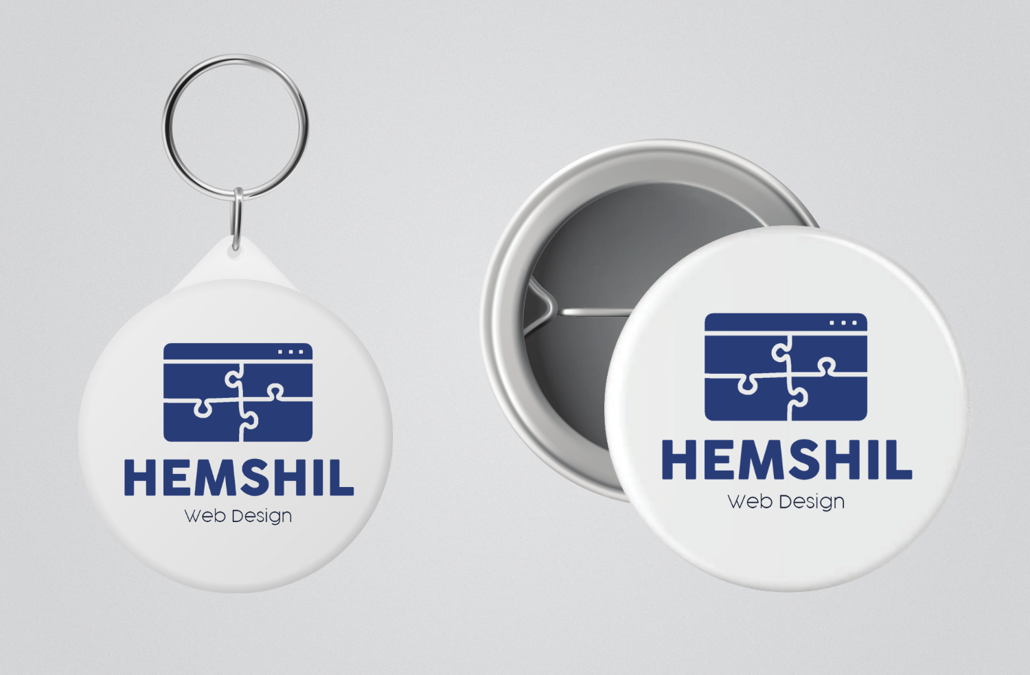 HEMSHIL Web Design logo presented on a badge and keyring mockup.