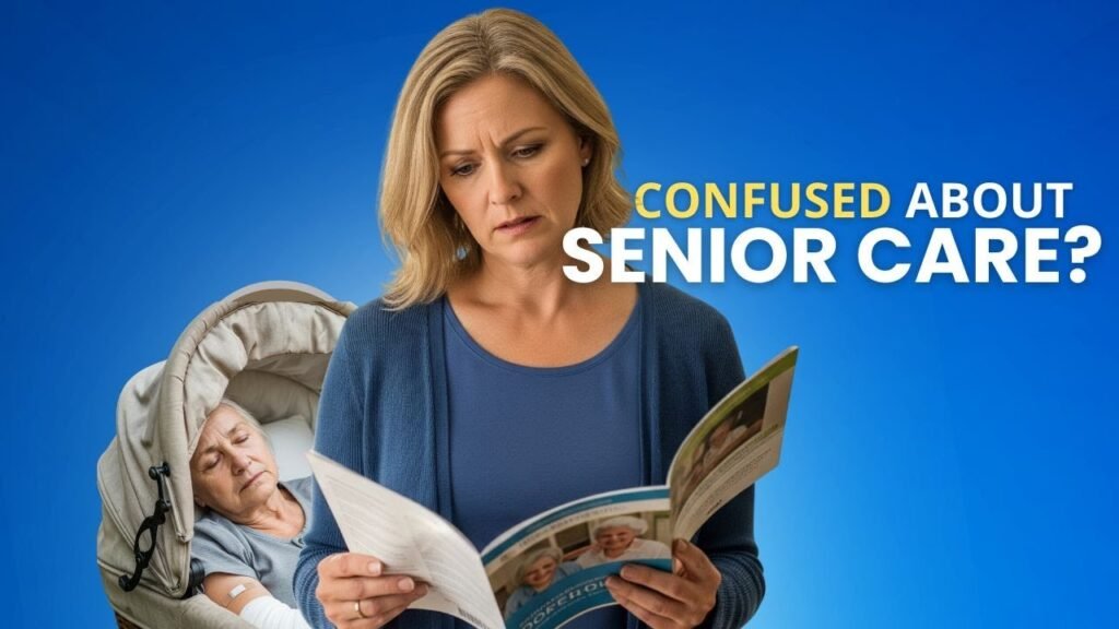 Partner In Aging long-form video thumbnail showing a woman reading a guide beside the words Confused About Senior Care?