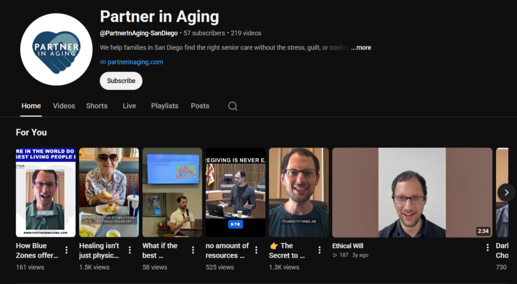 Screenshot of the Partner in Aging YouTube channel