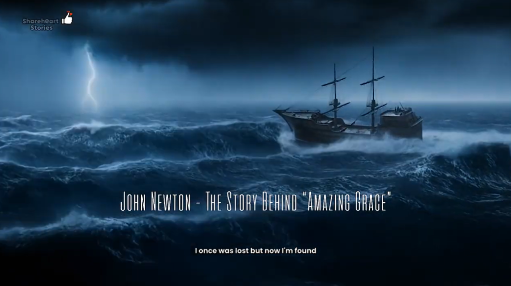 Shareheart Stories artwork showing a ship in a storm, titled John Newton - The Story Behind Amazing Grace.