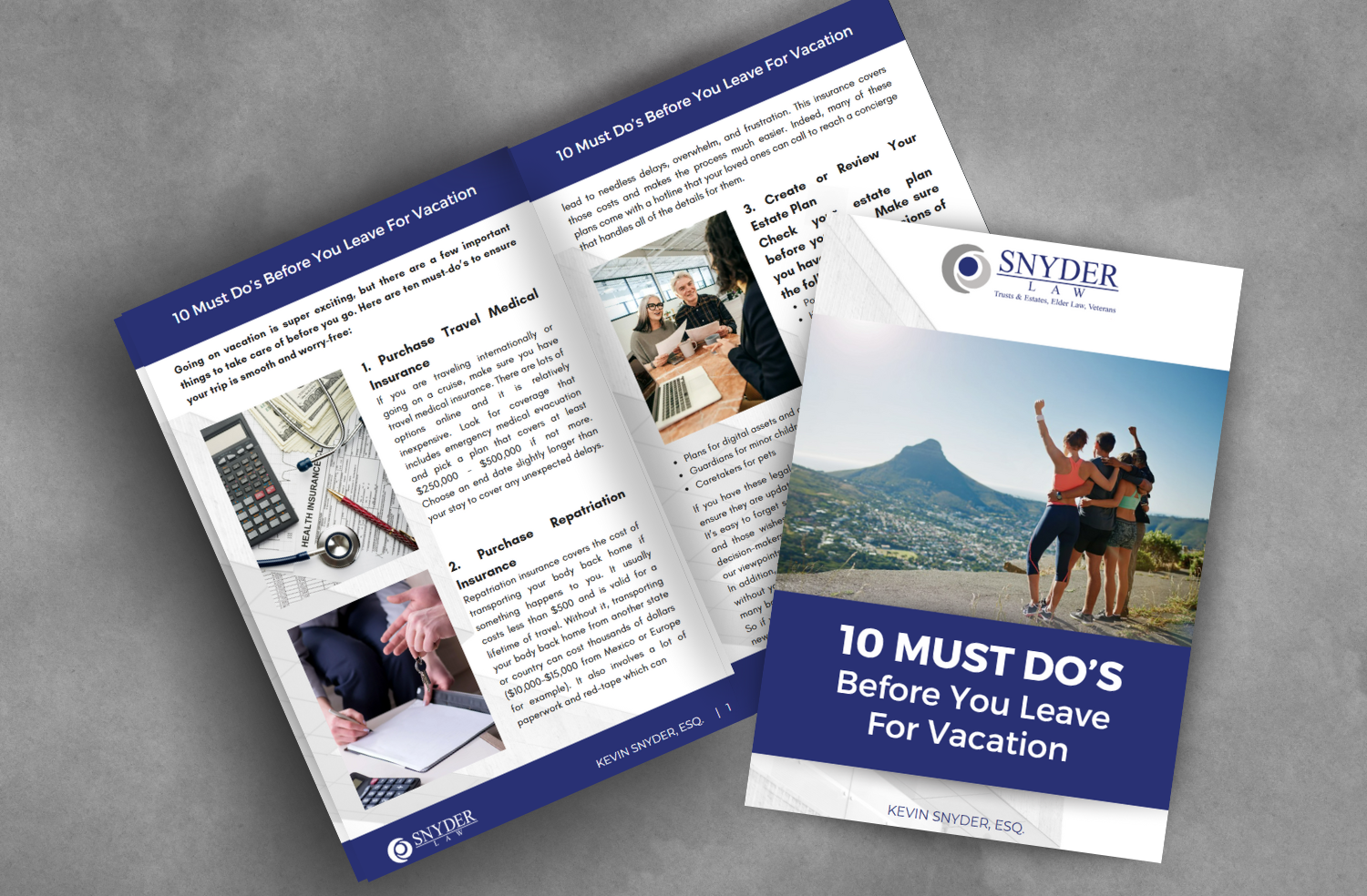 Snyder Law ebook mockup: 10 Must Do’s Before You Leave for Vacation.