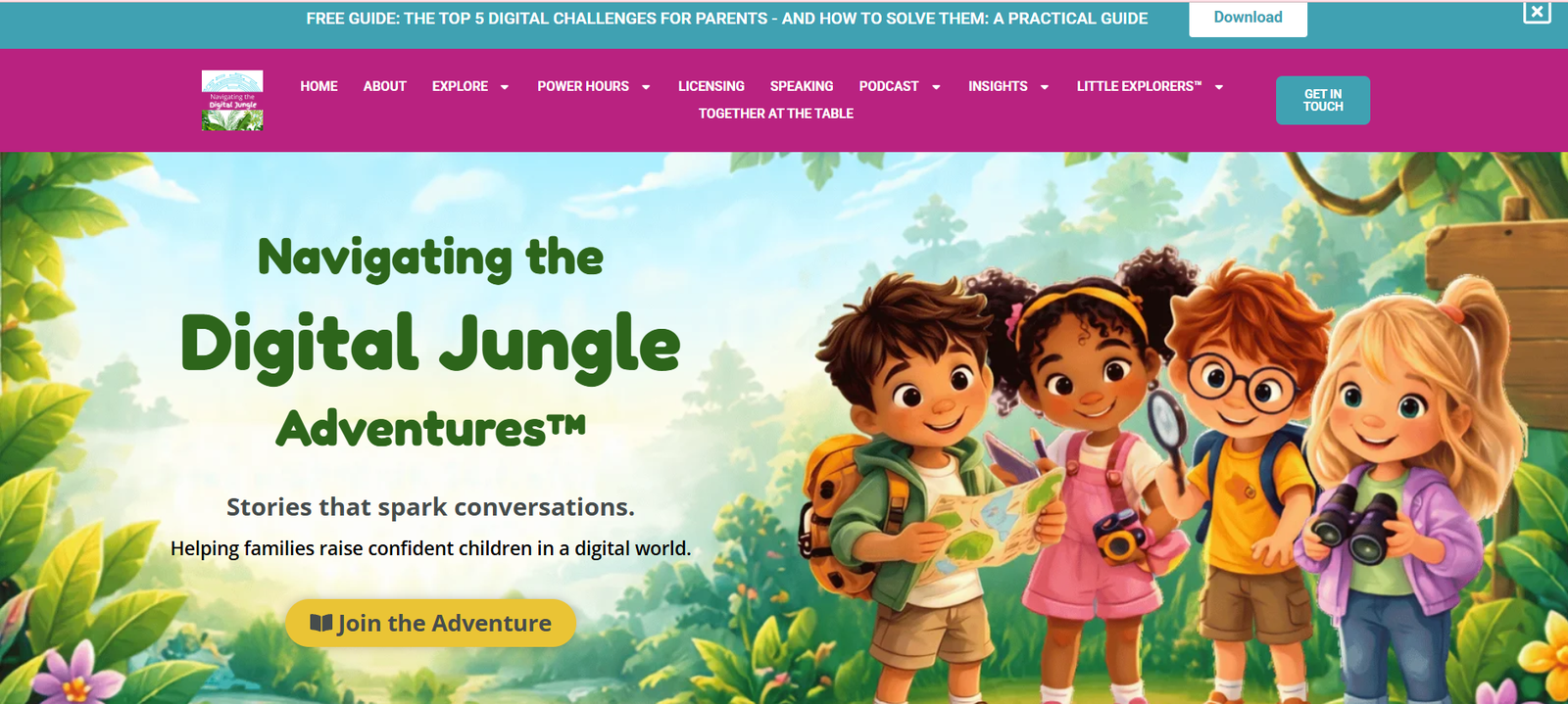 Navigating the Digital Jungle website homepage for Sue Atkins, with the Digital Jungle Adventures banner
