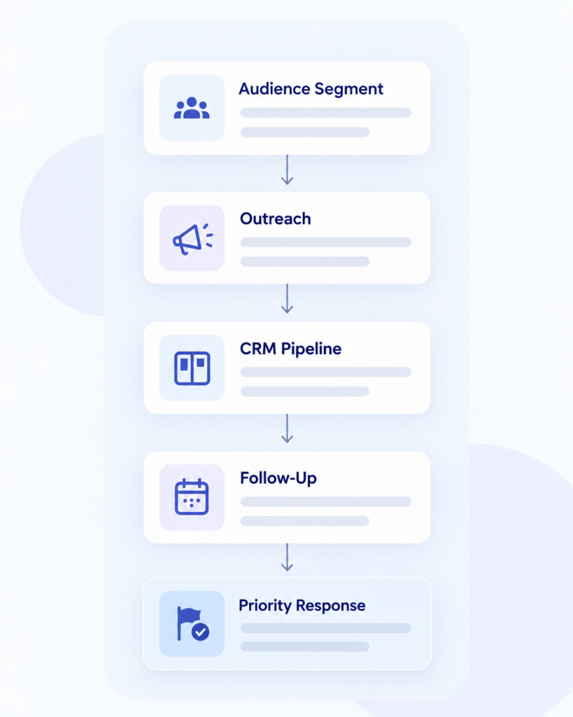 Illustrative CRM workflow: audience segment, outreach, CRM pipeline, follow-up, priority response