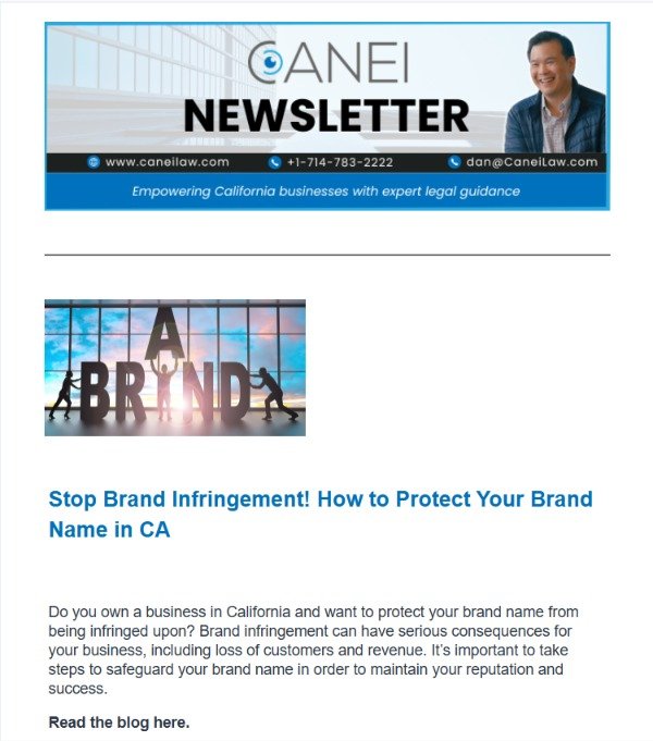 Screenshot of a CANEI Law newsletter featuring the article “Stop Brand Infringement! How to Protect Your Brand Name in CA”.