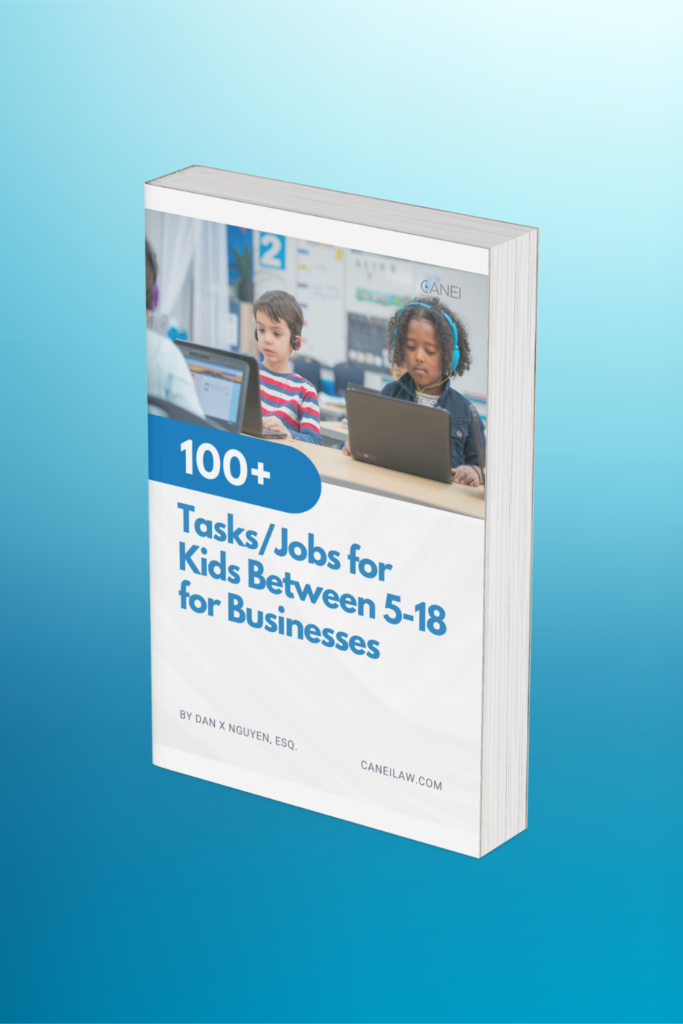 CANEI Law guide cover, 100+ Tasks and Jobs for Kids Between 5 and 18 for Businesses