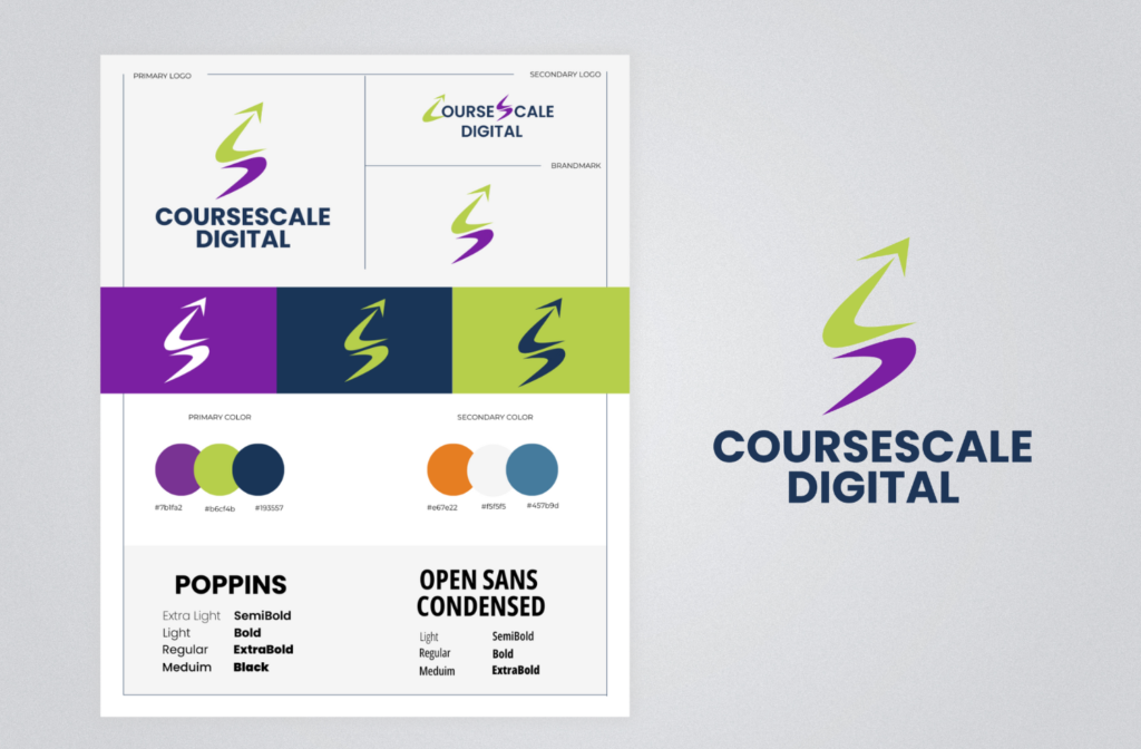 Coursescale Digital brand identity board with logo, colours and fonts