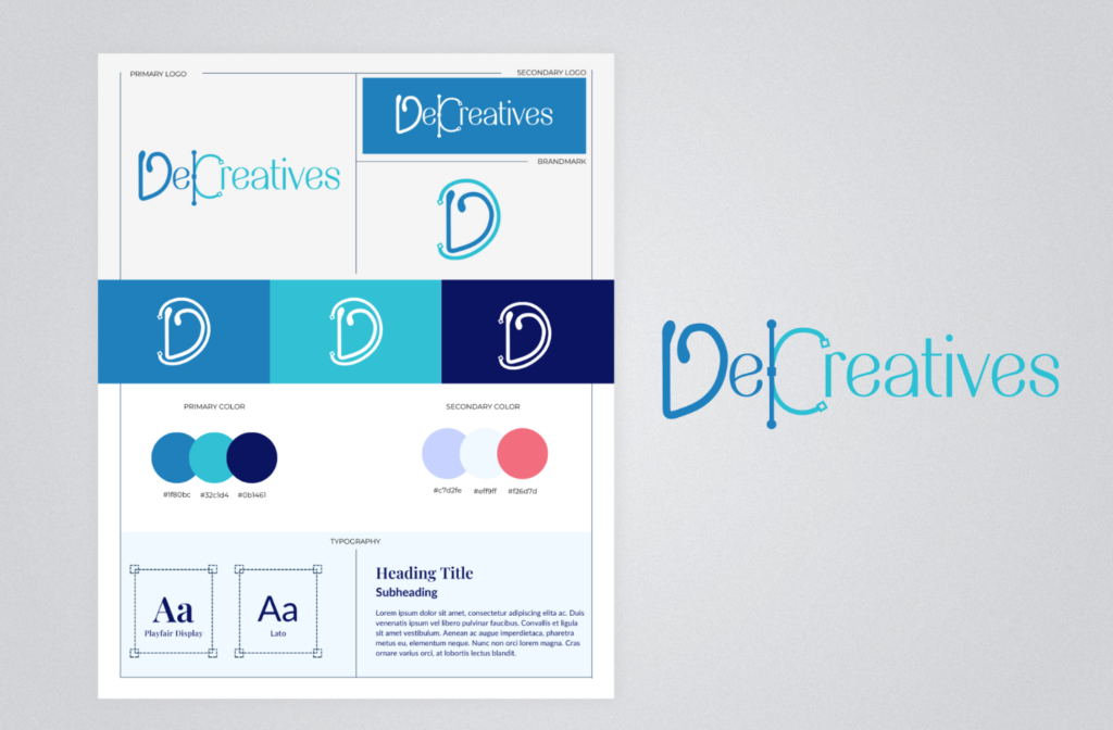 DelCreatives brand board with logo versions, colour palette and fonts