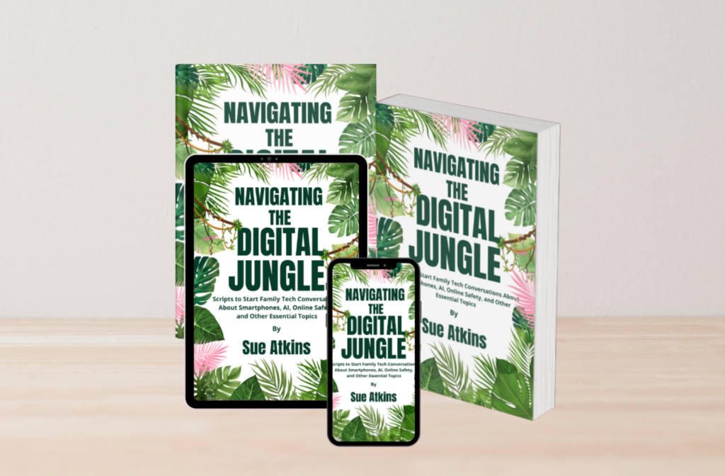 Navigating the Digital Jungle book covers by Sue Atkins in print, tablet and phone versions