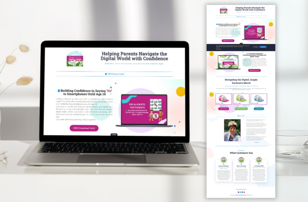 Navigating the Digital Jungle parenting website on a laptop, with the full homepage beside it