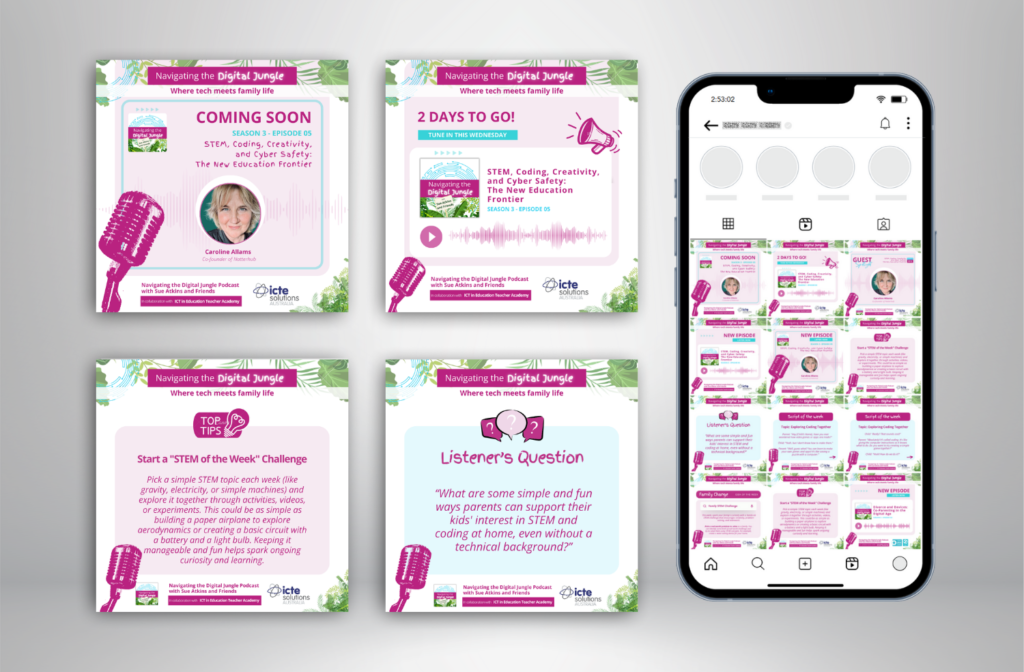 Navigating the Digital Jungle podcast promo posts with Sue Atkins, and the Instagram feed on a phone