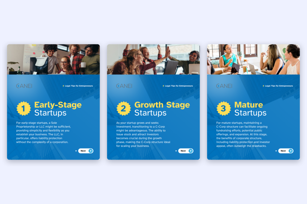 Three matching social media posts for Dan X. Nguyen (CANEI Law) titled Early-Stage, Growth Stage and Mature Startups