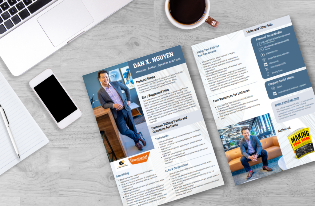 Designed press kit spread on a desk