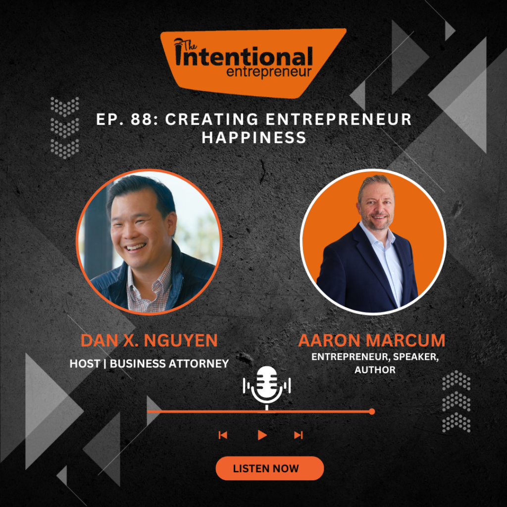 Podcast artwork for The Intentional Entrepreneur, episode 88: Creating Entrepreneur Happiness, featuring Dan X. Nguyen and Aaron Marcum.