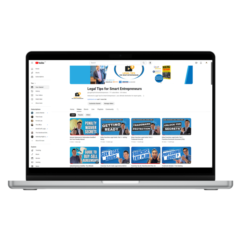 Legal Tips for Smart Entrepreneurs YouTube channel design for Dan X. Nguyen on a laptop